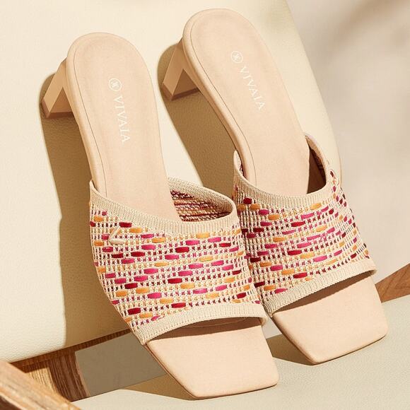 Vivaia Juliet Square Toe Block Heel Slide Sandal Knit Comfort Pink Crochet 8 - Picture 1 of 10